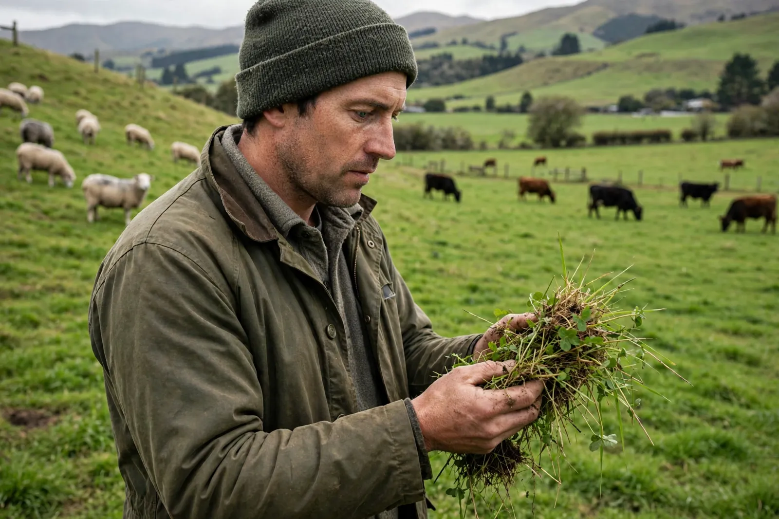 A farmer checking pasture with sheep and cattle on a hill country farm