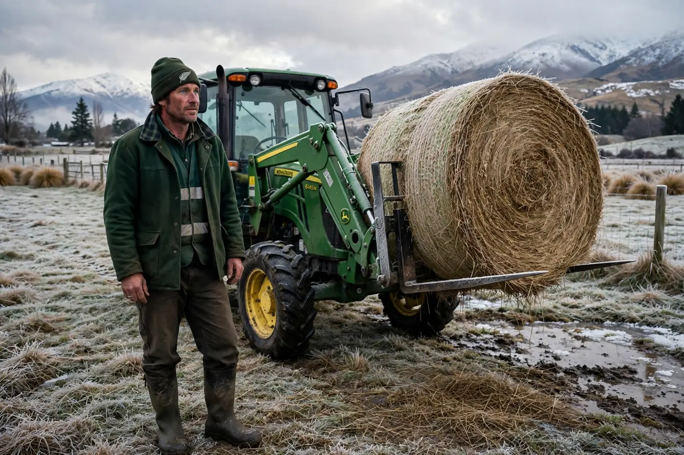 A farmer beside a tractor carrying a round hay bale in a winter paddock