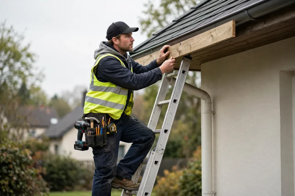 A builder fitting a fascia board along a roof edge