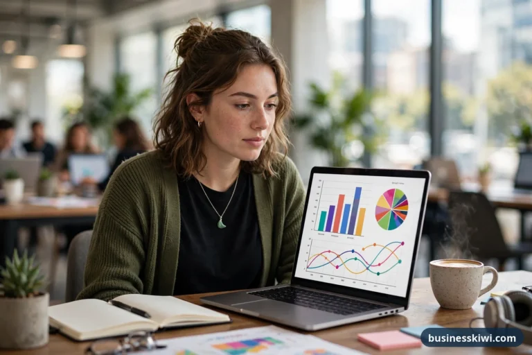 A digital marketing coordinator reviewing campaign analytics charts on a laptop at her desk in a bright NZ office, businesskiwi.com
