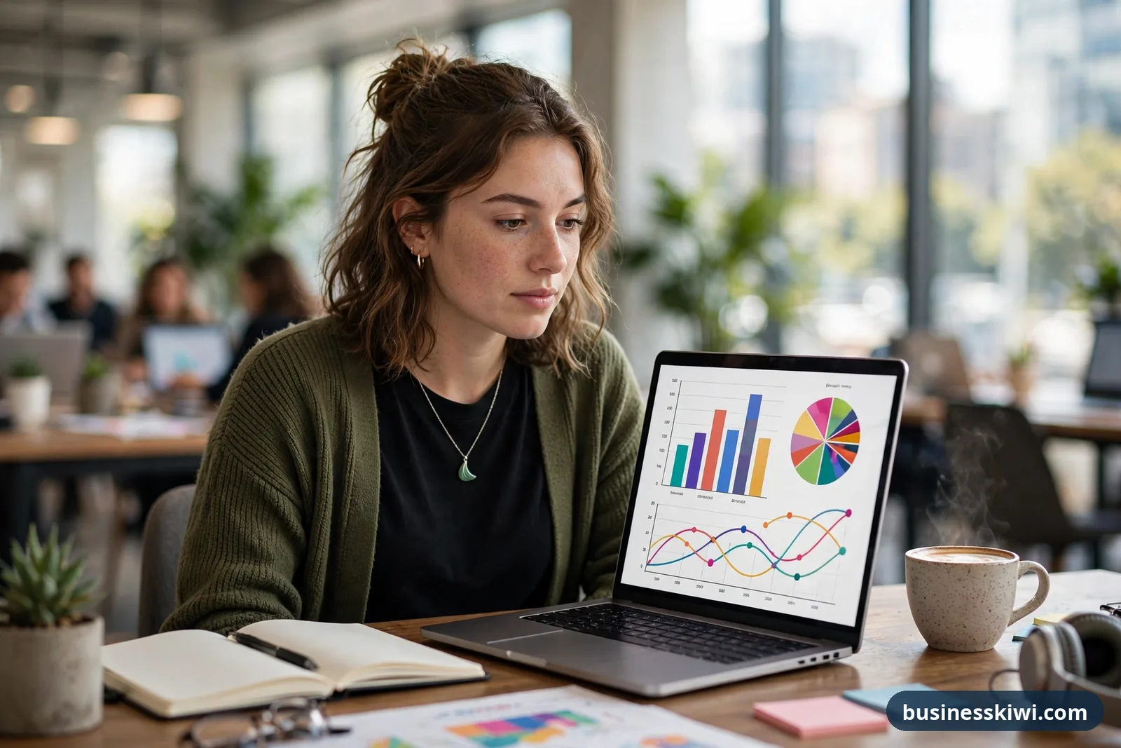 A digital marketing coordinator reviewing campaign analytics charts on a laptop at her desk in a bright NZ office, businesskiwi.com