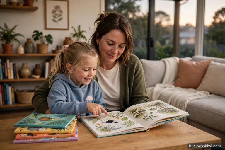 A mother reading a picture book with her young daughter on the sofa at home, with a stack of early reader books beside them, businesskiwi.com