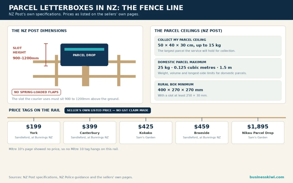 Parcel letterbox fence line infographic: NZ Post slot height 900 to 1200mm, rural box minimum 400 by 270 by 270mm, Collect my parcel ceiling 50 by 40 by 30cm and 15kg, and seller price tags $199 York, $399 Canterbury, $425 Kokako, $459 Braeside and $1,895 Nikau as listed with no GST claim