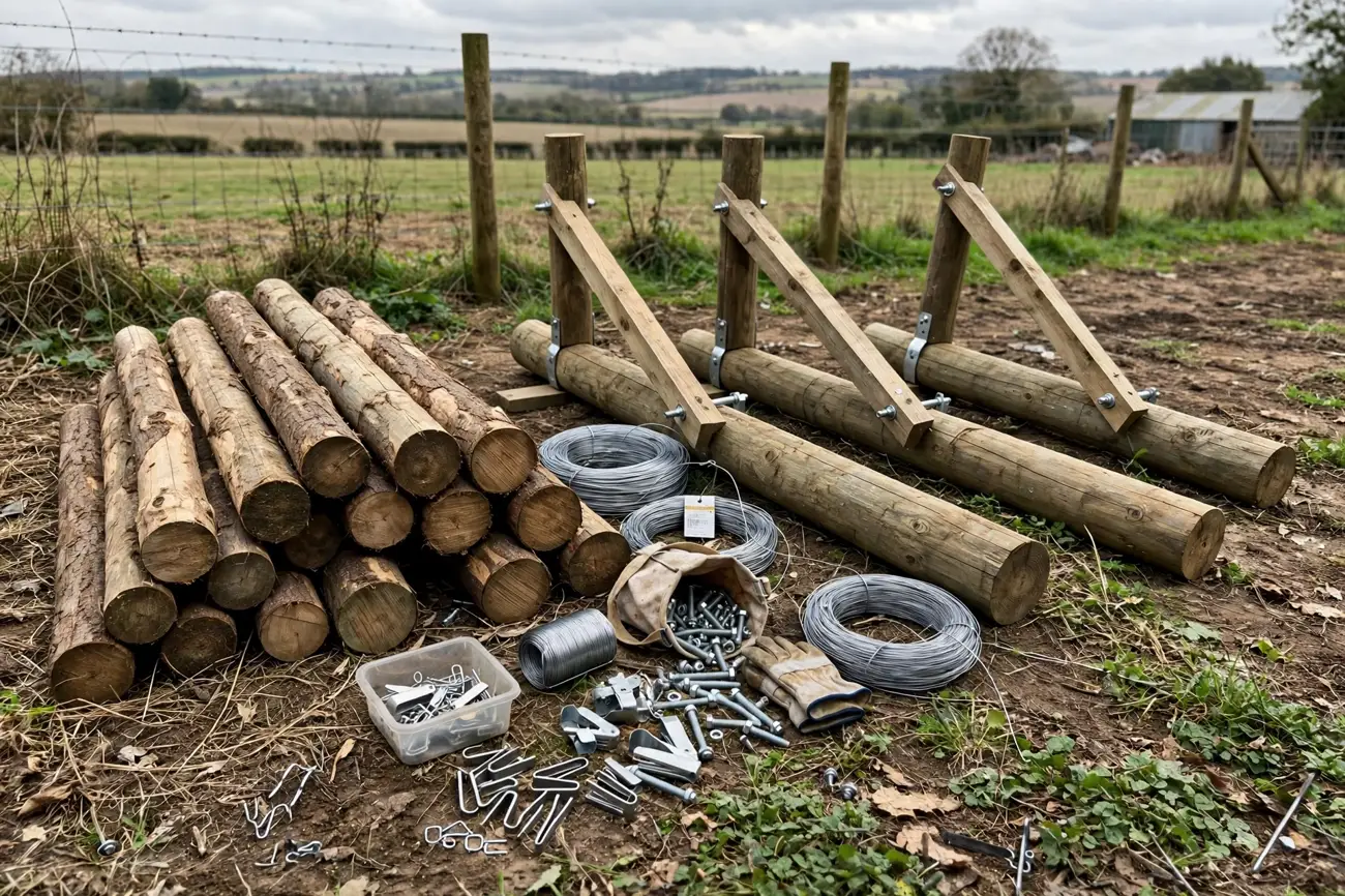 Fence posts and strainer posts ready for installation on a farm