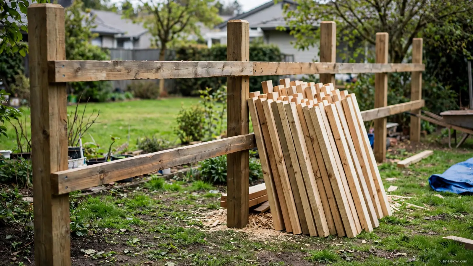 Posts and rails ready for palings