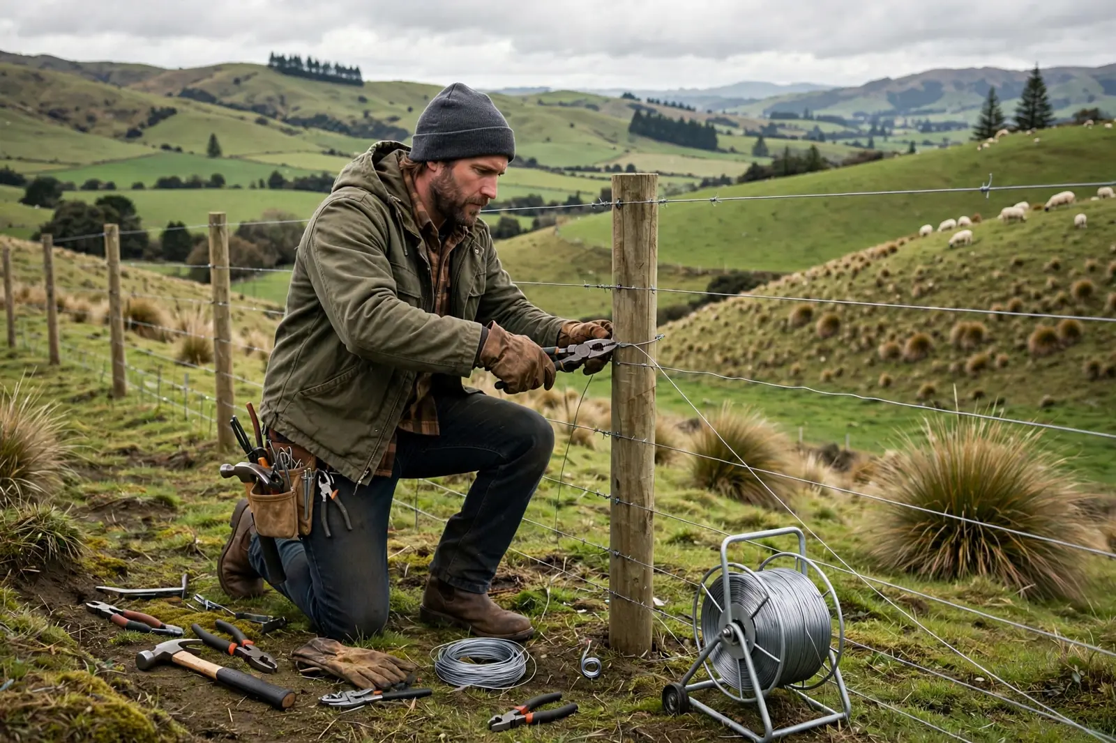 A fencer building a wire farm fence on rolling farmland