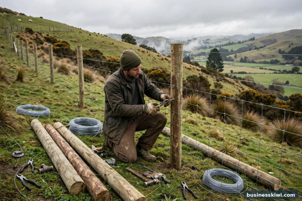 A fencer building a wire fence
