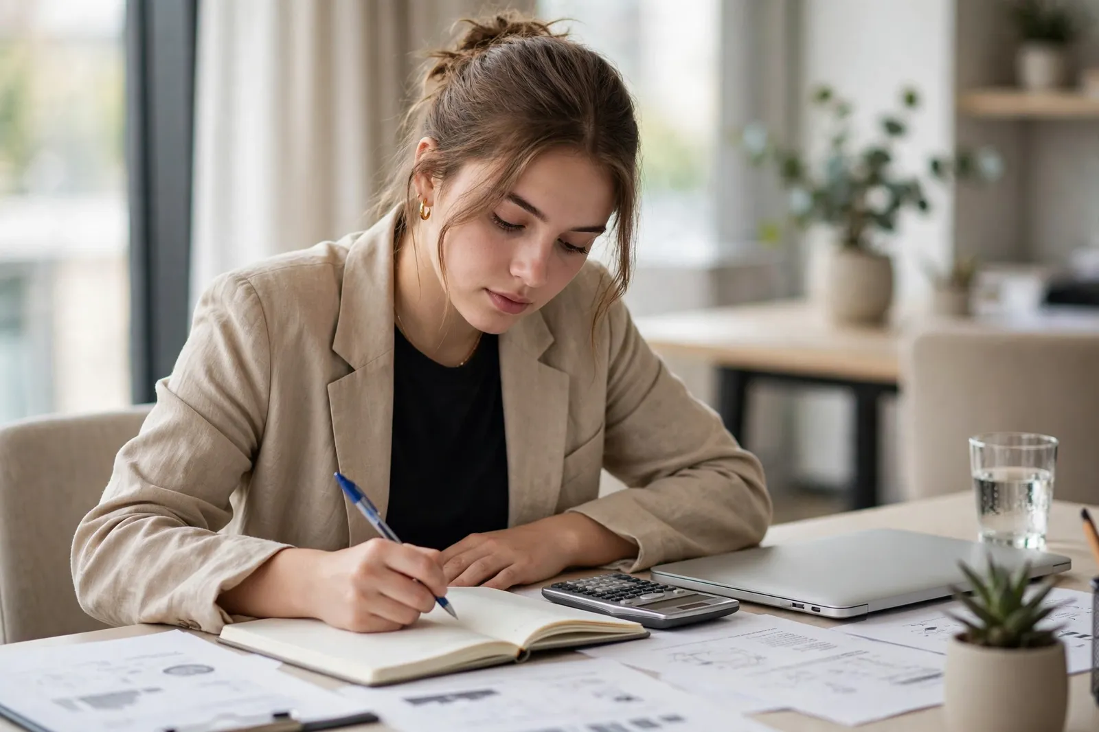 A young finance graduate studying professional course material at a desk with a notebook and calculator