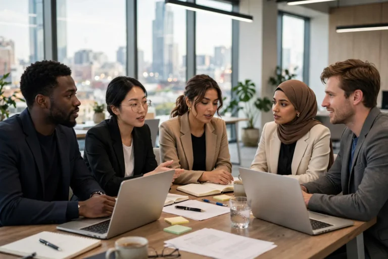 A team of finance professionals discussing work around a table in a modern city office