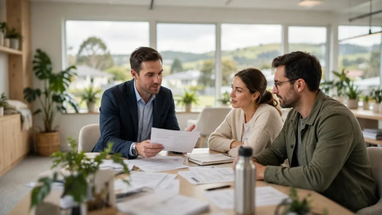 Financial adviser presenting a plan to a couple in a bright office