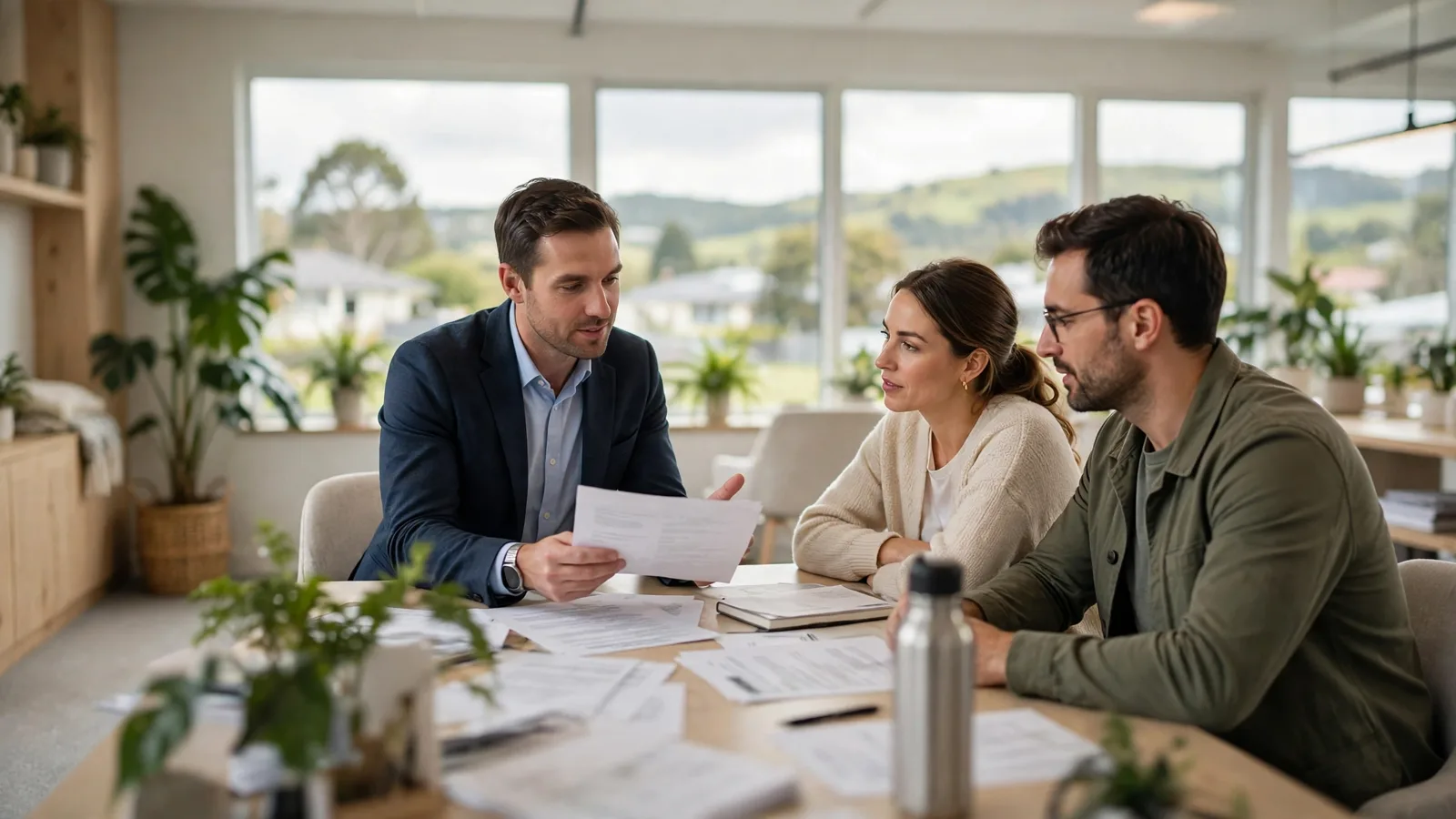 Financial adviser presenting a plan to a couple in a bright office