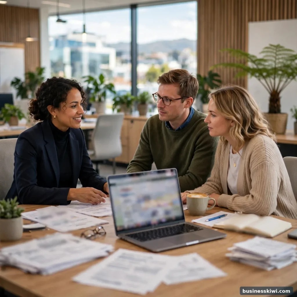 A financial adviser discussing a plan with a couple at her office desk