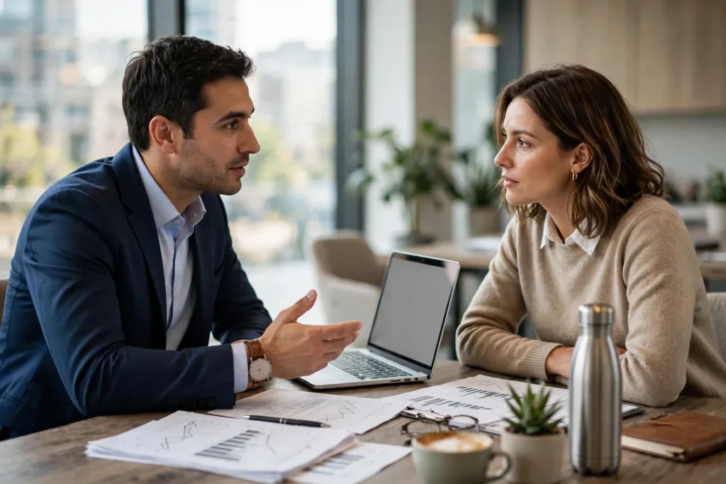 A financial adviser discussing a plan with a client in an office