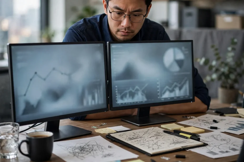A financial analyst studying charts across two monitors