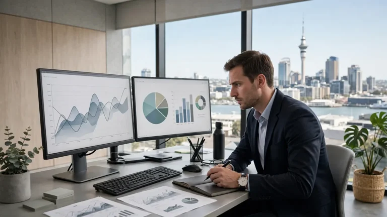 Financial analyst reviewing charts on dual monitors in an Auckland office with the Sky Tower behind