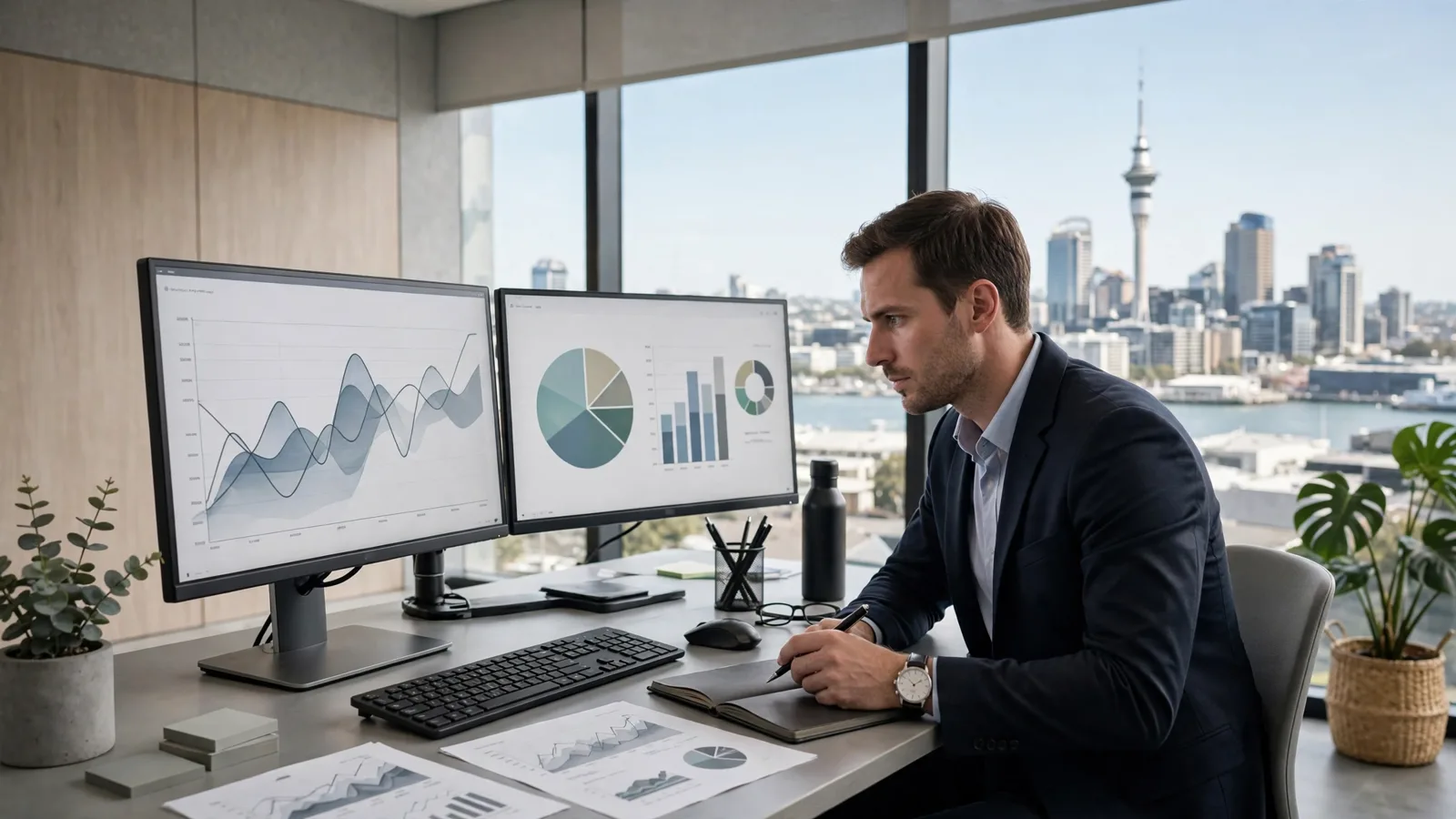 Financial analyst reviewing charts on dual monitors in an Auckland office with the Sky Tower behind