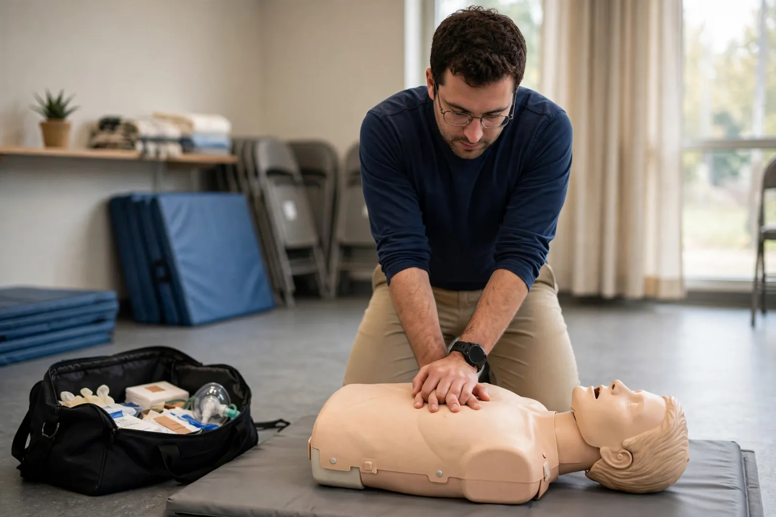 First aid training with a practice manikin