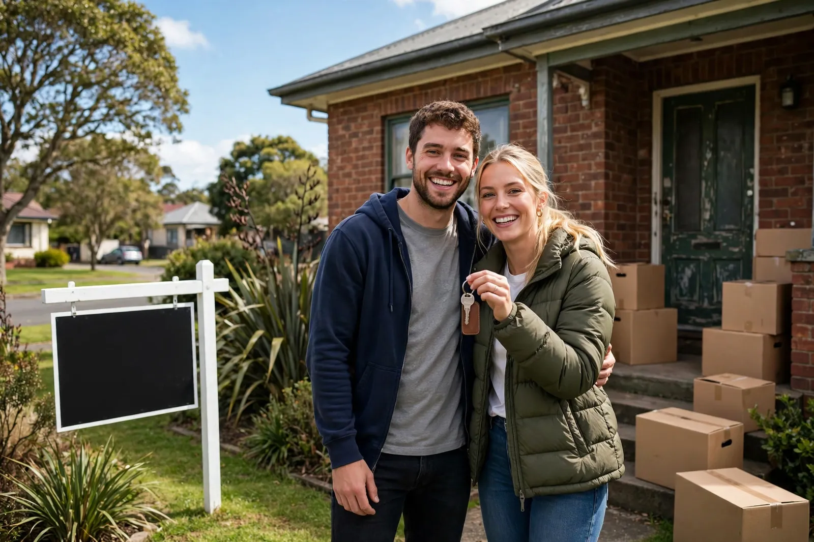 A young couple holding the keys outside their first home with moving boxes on the porch