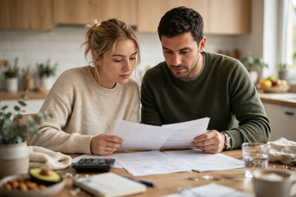 A couple reviewing first home loan documents at home