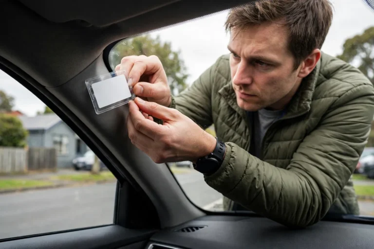 A driver fitting a new rego label to the inside of a car windscreen