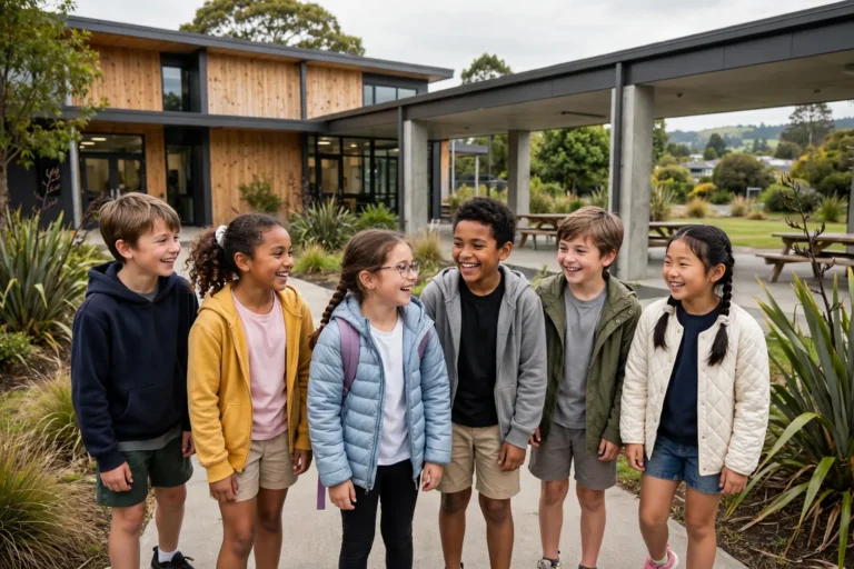 Primary school children outside their school in Te Atatu South