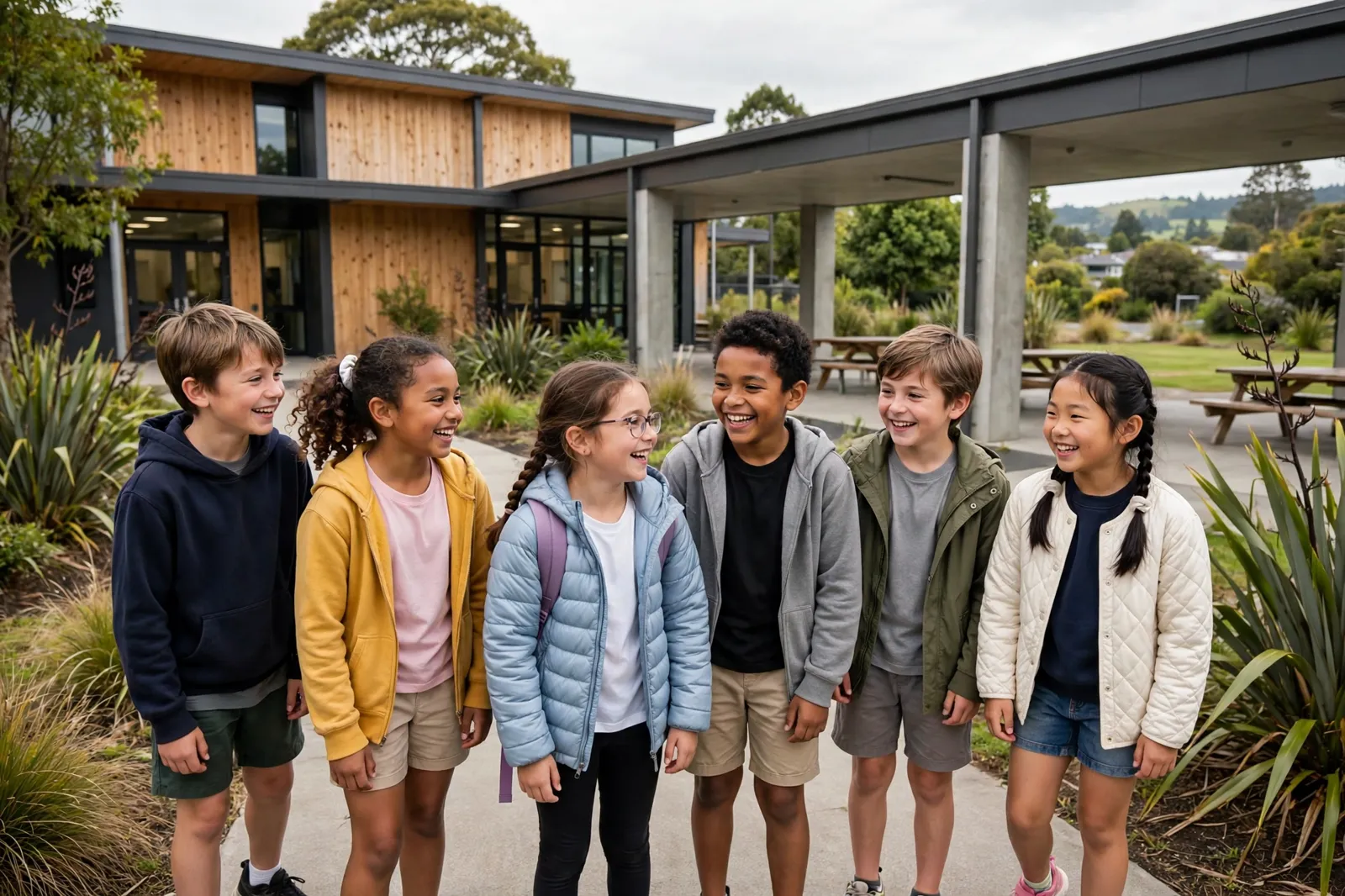 Primary school children outside their school in Te Atatu South