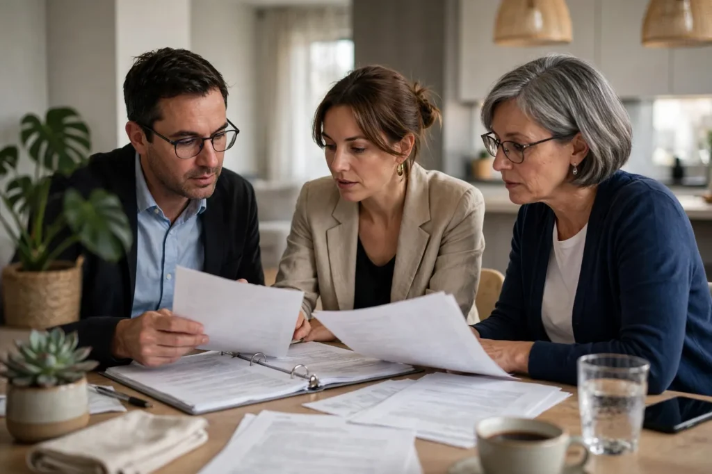 Flat owners reviewing body corporate insurance documents