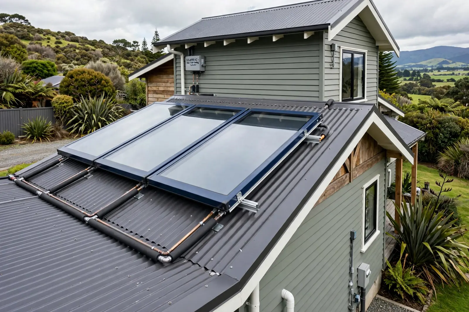 Flat plate solar hot water collectors on a house roof