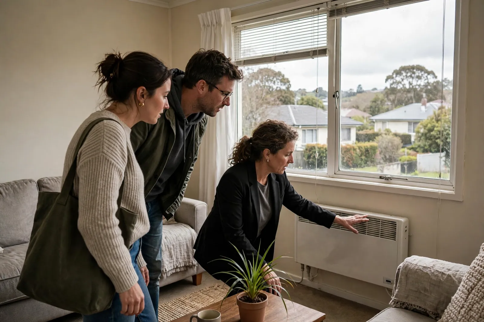 A property manager showing a couple the fixed heater at a flat viewing