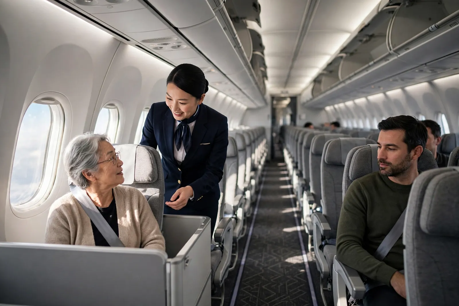 A flight attendant assisting a passenger inside an aircraft cabin