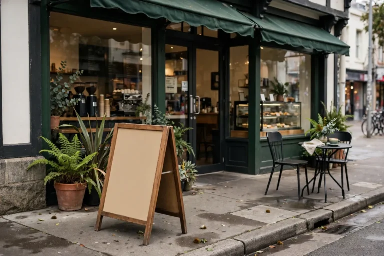 A footpath sign outside a café