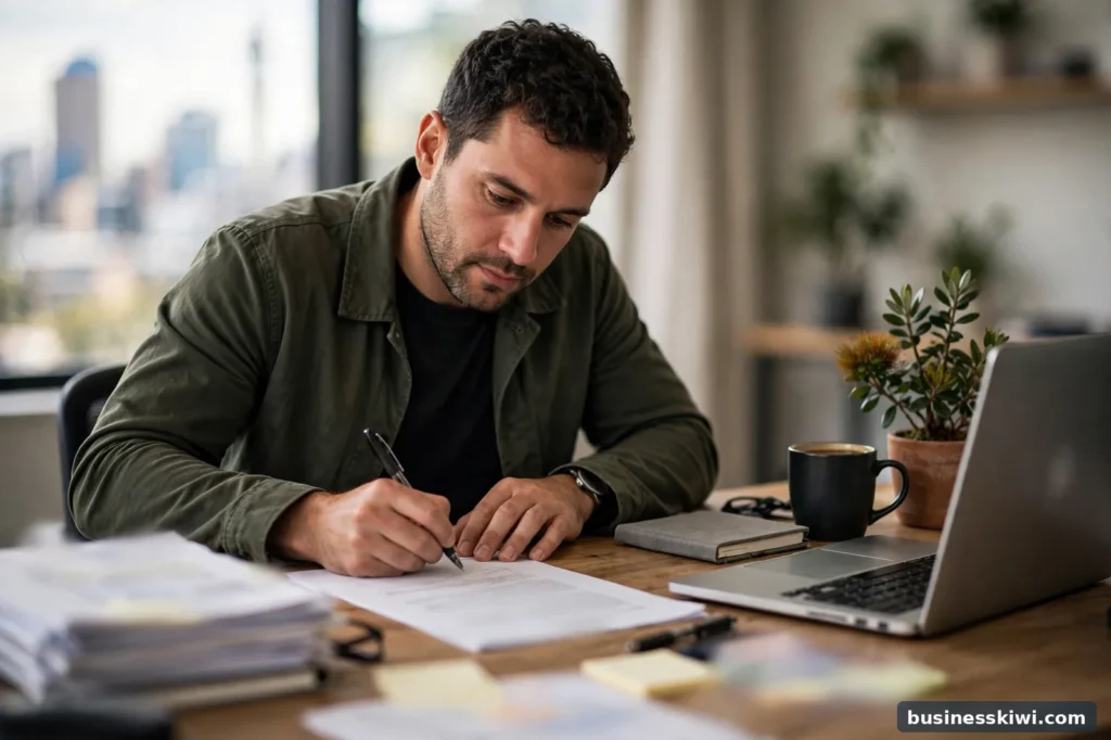 A founder signing company documents at a desk