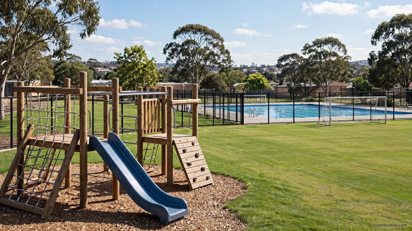 Illustration of a school playground and pool