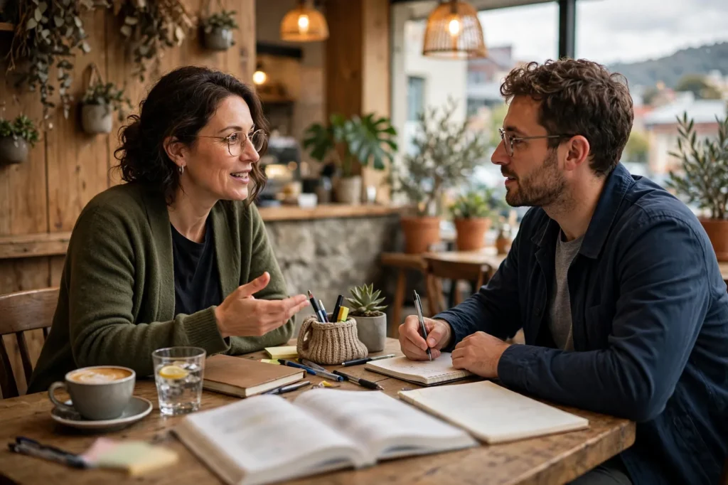 A French tutor practising conversation with a student at a cafe table