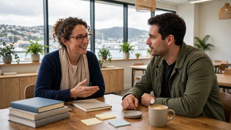 French tutor talking with a student at a table in a Wellington language school classroom