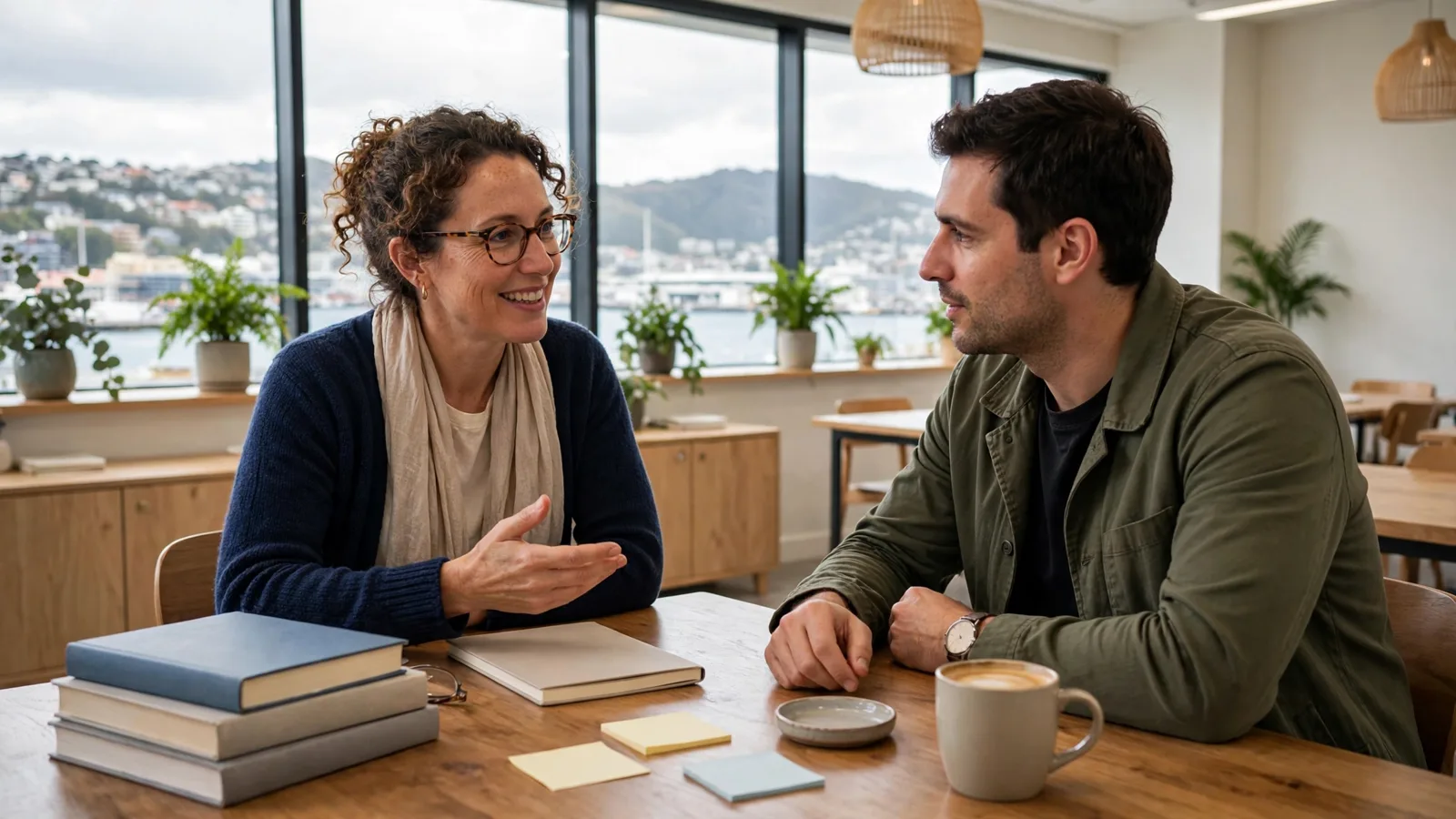 French tutor talking with a student at a table in a Wellington language school classroom