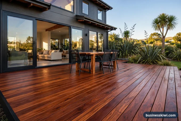Freshly oiled kwila deck with rich warm colour behind a New Zealand home, with an outdoor dining setting and native planting