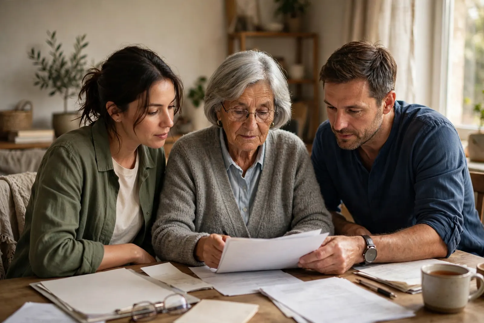 Adult children sitting with their elderly parent at home, looking over funeral planning paperwork together