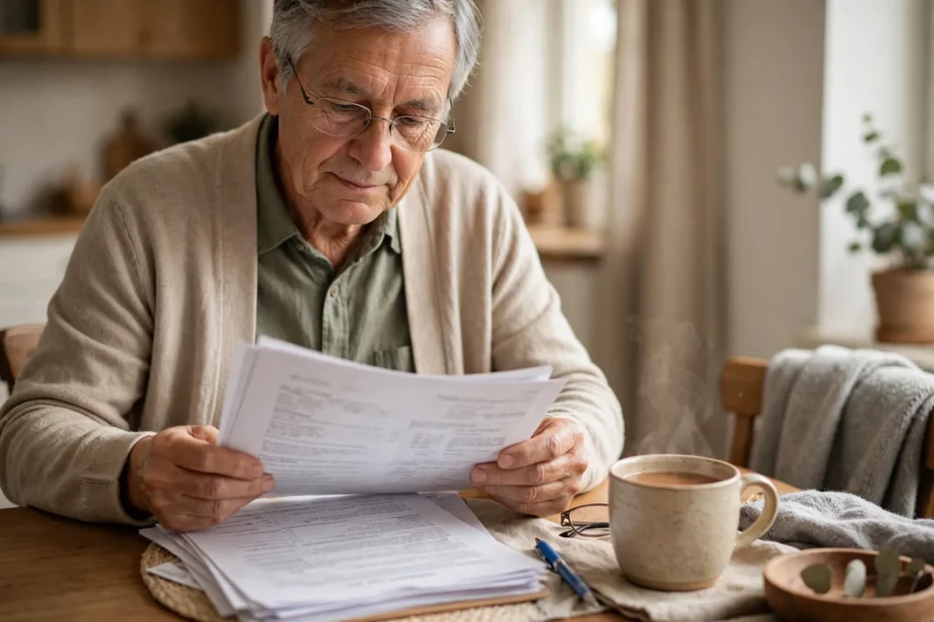 An older man reviewing his funeral insurance documents at home