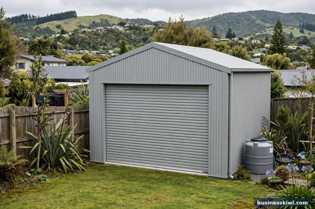 A steel kitset garage in a backyard