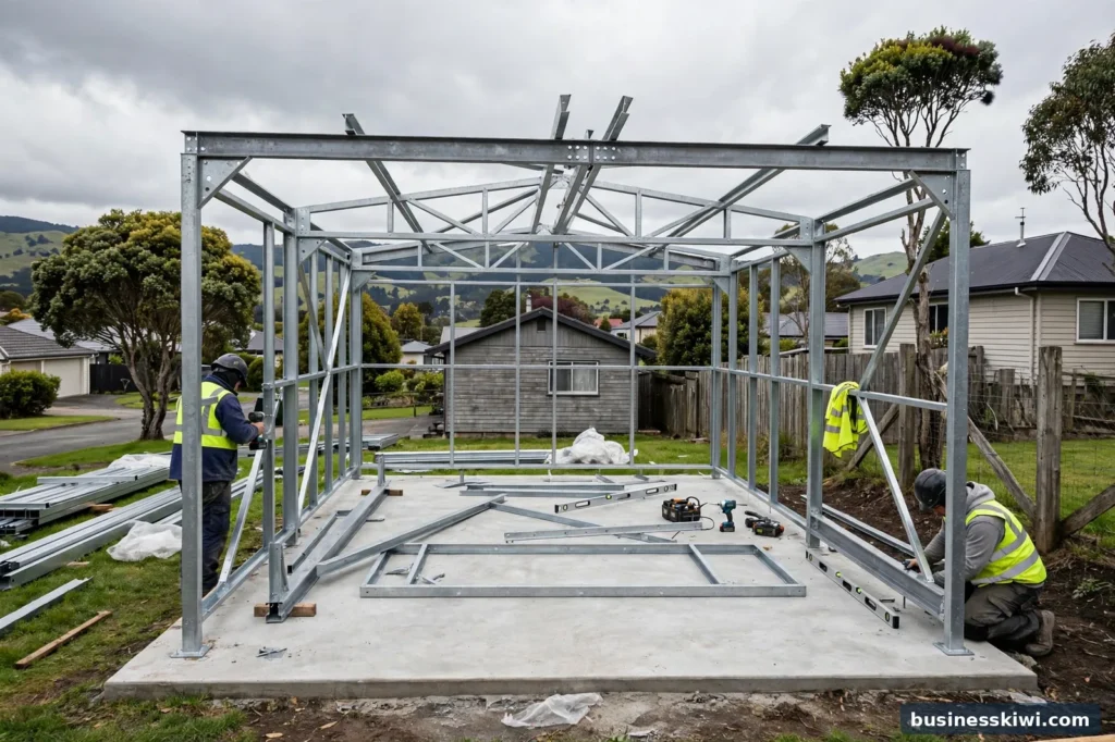 A steel kitset garage frame being assembled
