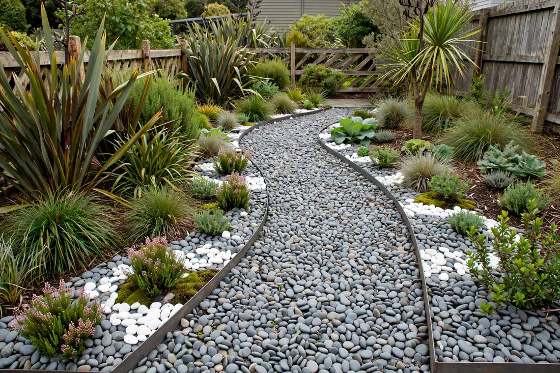 A garden path and beds finished with grey and white pebbles