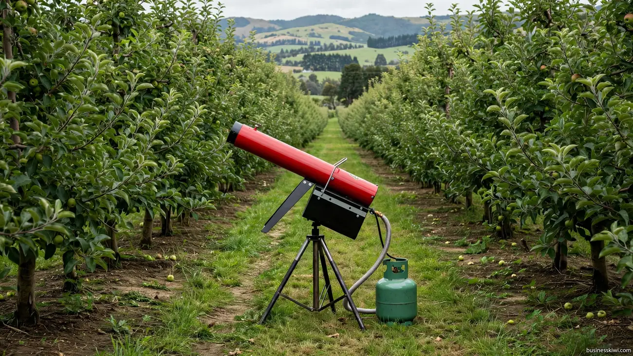 A gas cannon bird scarer in an orchard