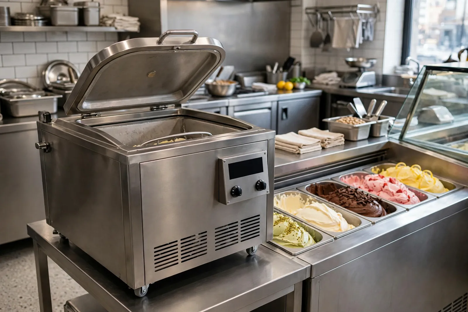 A commercial batch freezer in a gelato shop