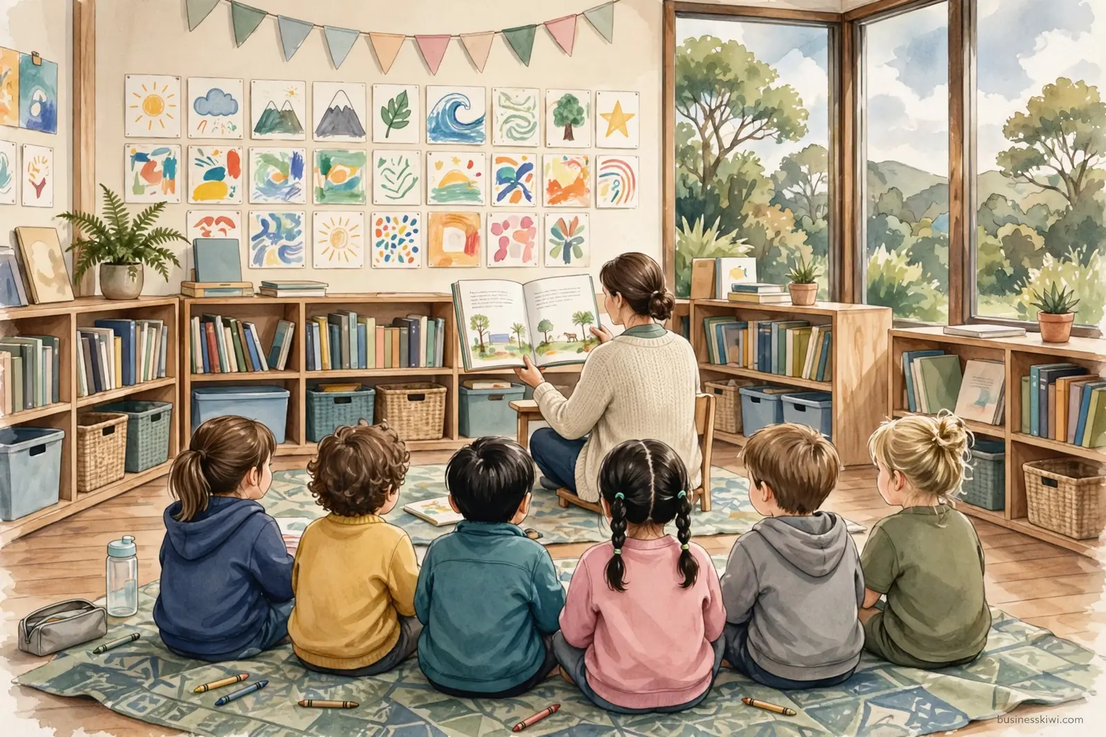 Illustration of a primary school classroom reading lesson