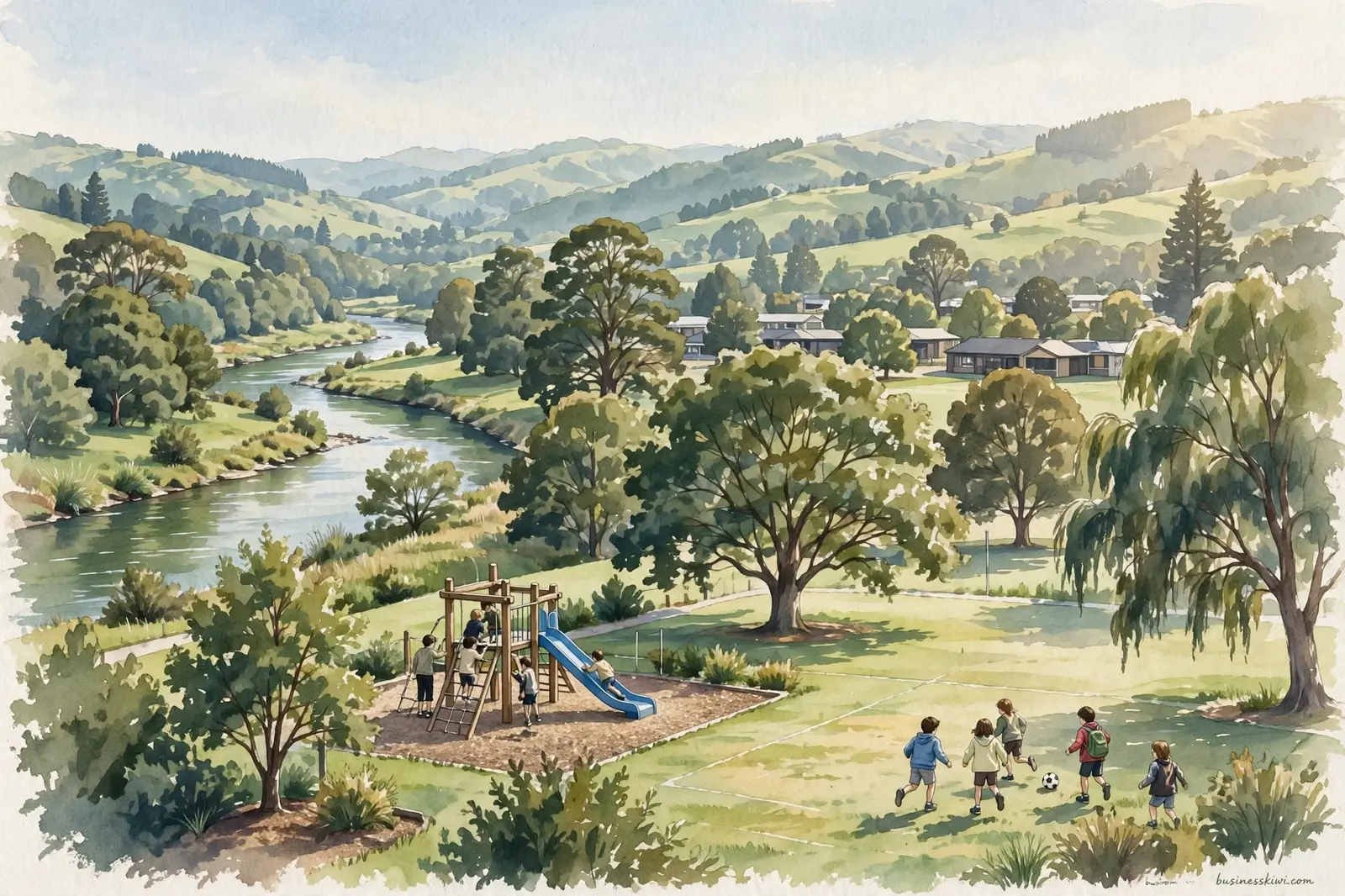Illustration of children playing on a school field near a river valley