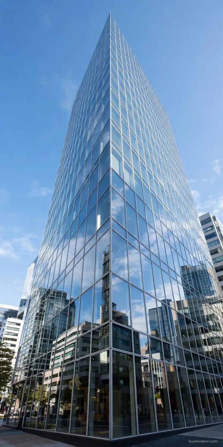 A glass curtain wall facade on a city building