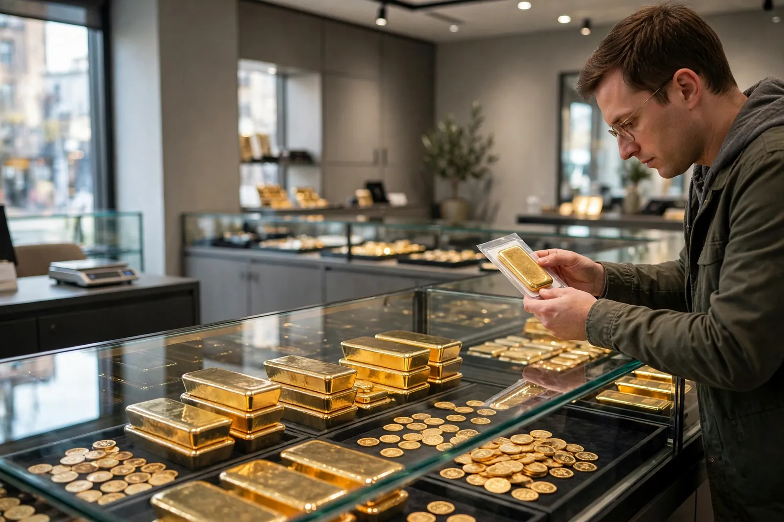 Gold bars and bullion coins in a dealer's display case, with a customer examining a sealed gold bar