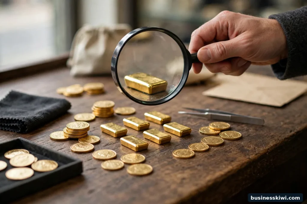 Gold bars and coins being inspected at a dealer's counter