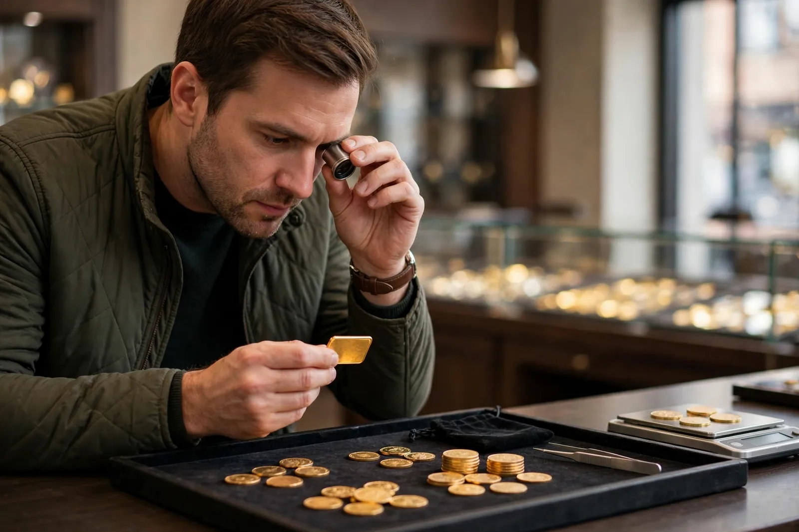 A buyer examining a gold bar and coins at a dealer